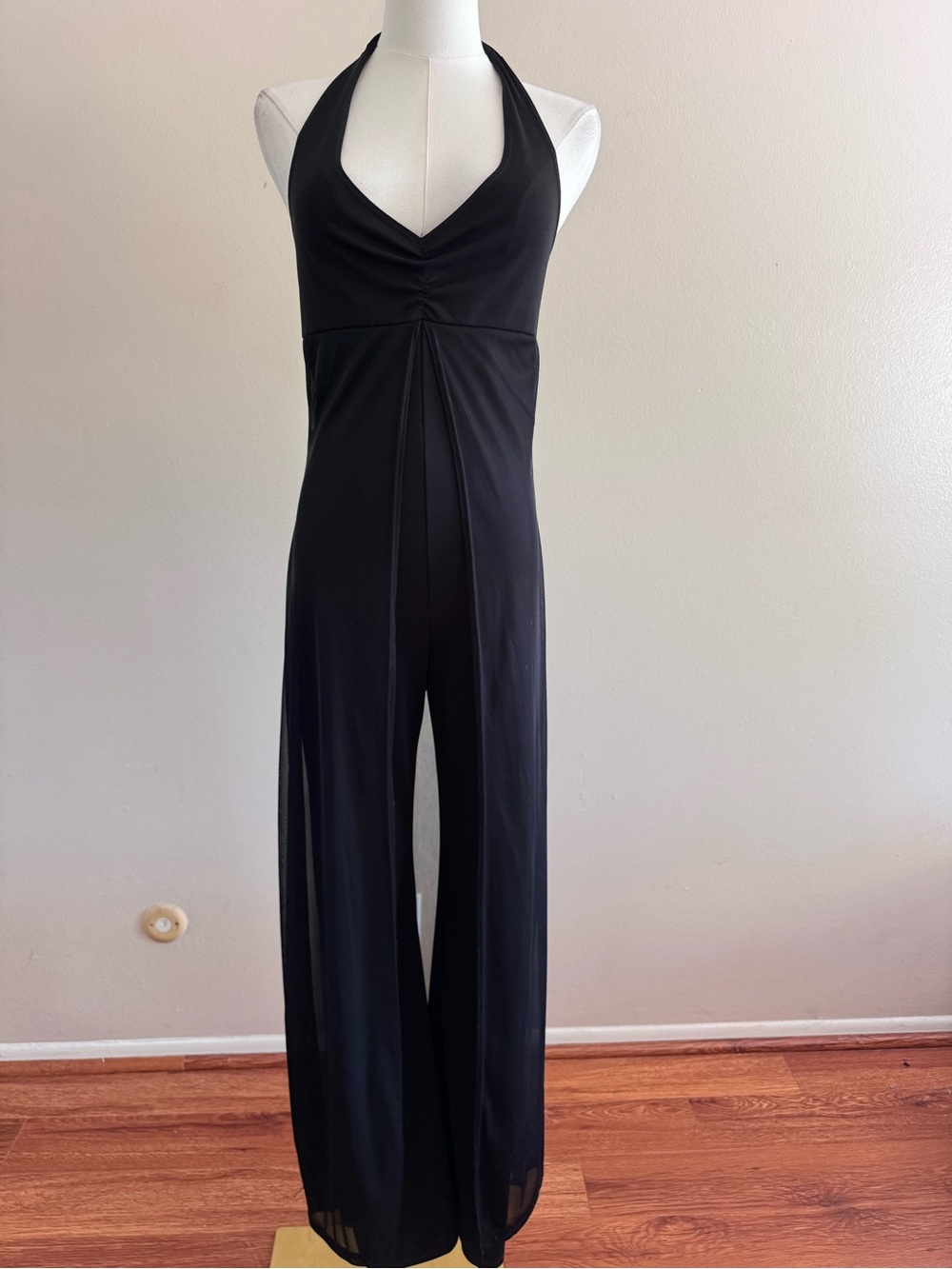 Vintage 90s Elegant Black Halter Jumpsuit with Sheer Overlay